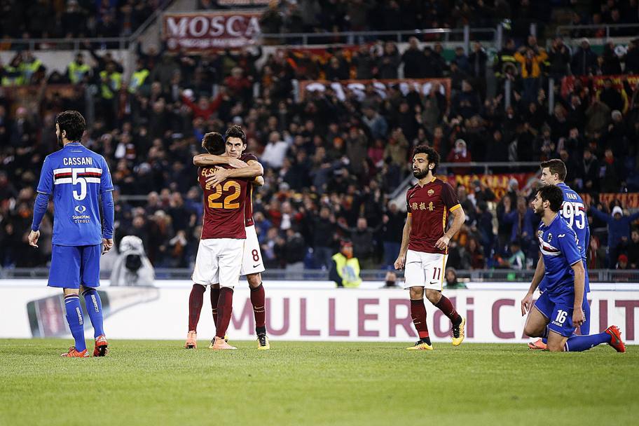 El Shaarawy abbraccia Perotti: la Roma del mercato invernale gira a mille. 3 gol finora: due del &#39;Faraone&#39; e uno dell&#39;argentino